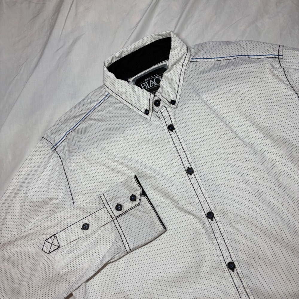 Buckle Black Athletic Fit Men's White Dot Print Button Down Shirt Size L